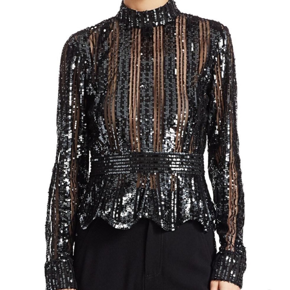 Derek Lam 10 Crosby Mock Neck Scalloped Sequin Long Sleeve Blouse Size 8